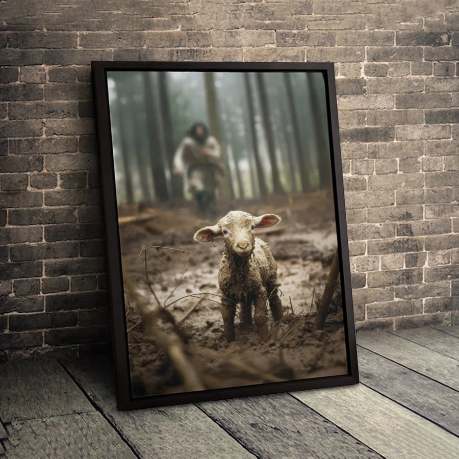 Lost Lamb Canvas Wall Art | Muddy Farm Animal Forest Scene | Premium 1.25 Inch Gallery Wrap | Rustic Country Home Decor Gift
