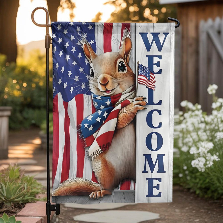 Patriotic Squirrel Welcome Flag | American Flag Animal Garden Decor | Premium Weather-Resistant Polyester | 4th Of July Outdoor Gift