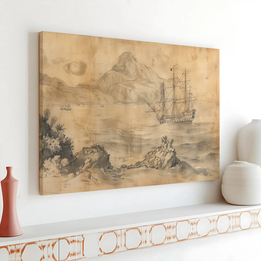 Vintage Tall Ship Canvas Art | Antique Nautical Seascape Sketch | Premium Fade-Resistant Print | Nautical Home Decor Gift