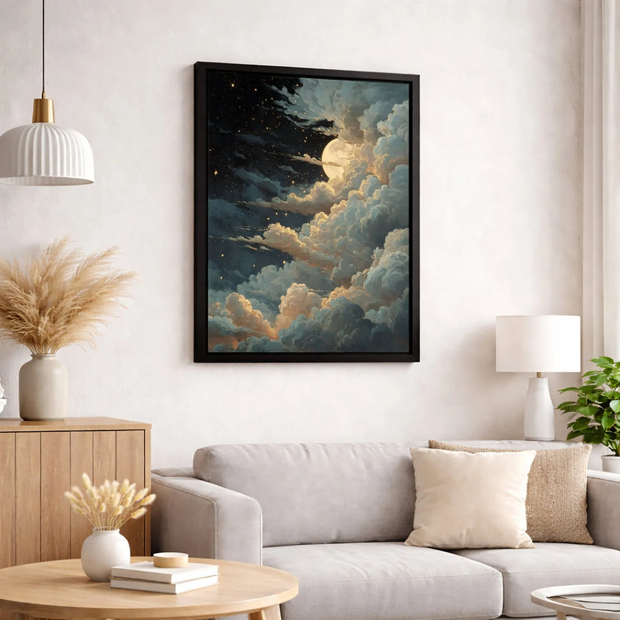 Full Moon Night Sky Canvas Wall Art | Celestial Cloud Painting | Premium 1.25" Gallery Wrap | Dreamy Bedroom Decor Gift