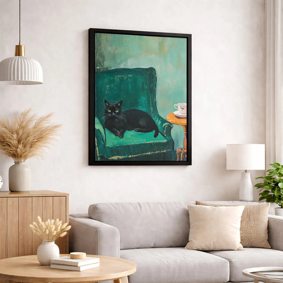 Black Cat Wall Art | Vintage Aesthetic Green Armchair Oil Painting Style | Premium Gallery Wrap Canvas | Whimsical Home Decor Gift for Cat Lovers