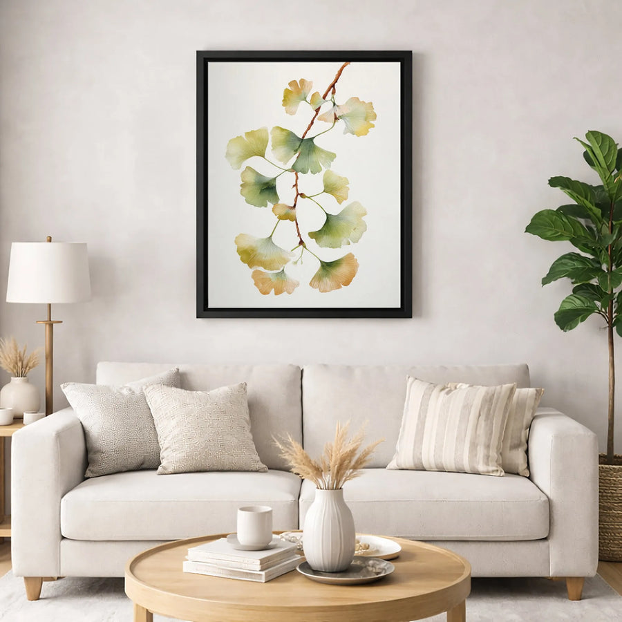 Ginkgo Biloba Canvas Wall Art | Watercolor Autumn Leaf Botanical Print | Gallery Wrapped Premium Material | Modern Nature Decor Gift
