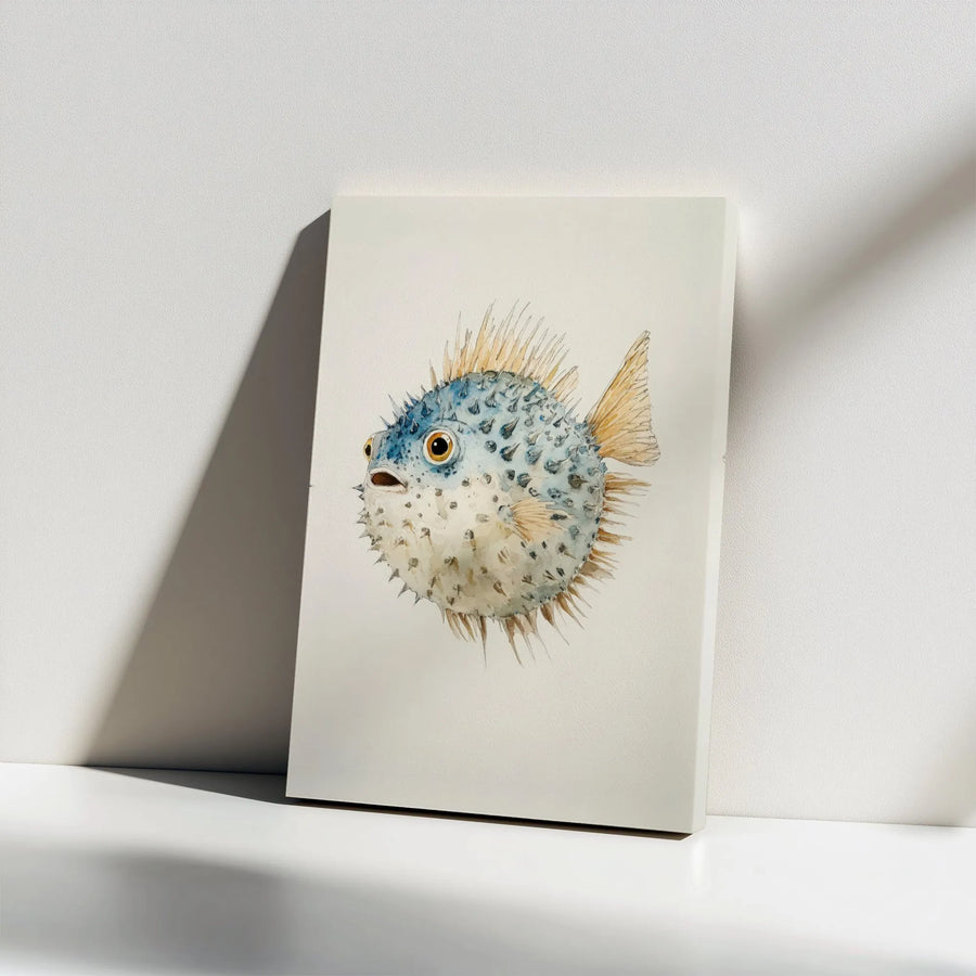 Pufferfish Watercolor Wall Art Canvas | Nautical Sea Life Decor | Premium Gallery Wrap Print | Coastal Bathroom Or Nursery Gift