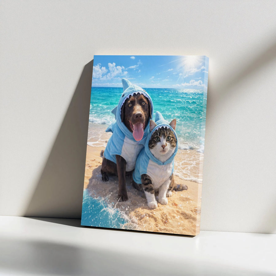 Funny Dog and Cat Wall Art | Pets in Shark Costumes on Beach | Premium Canvas Print | Gift for Pet Lover & Nursery Decor