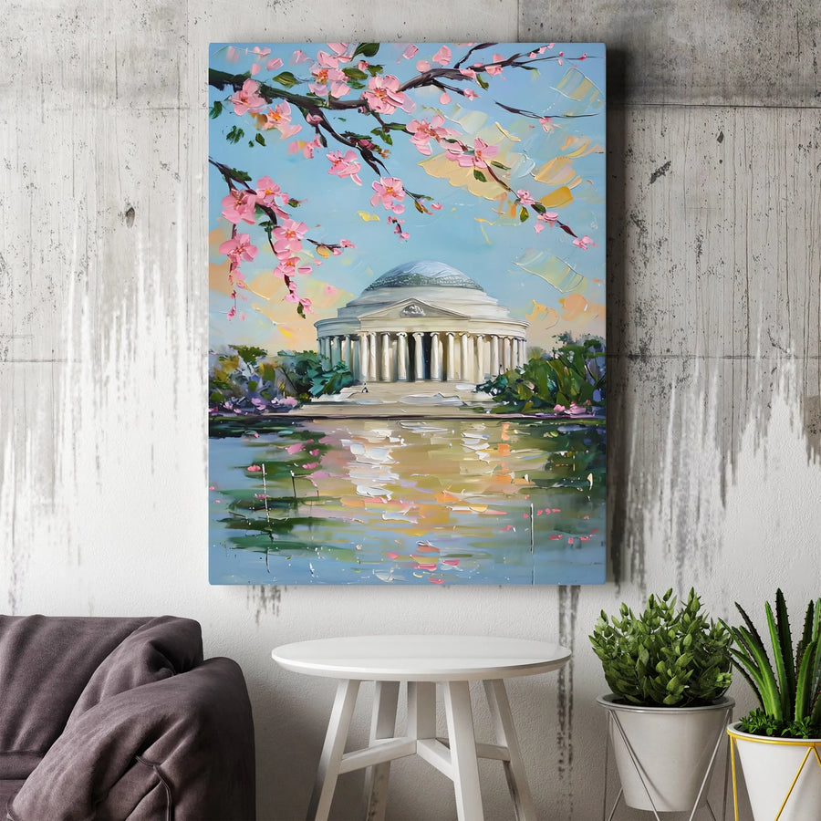 Washington DC Cherry Blossom Vertical Canvas | Jefferson Memorial Impressionist Painting | Premium Thick Gallery Wrap Wall Art | Home Decor Gift