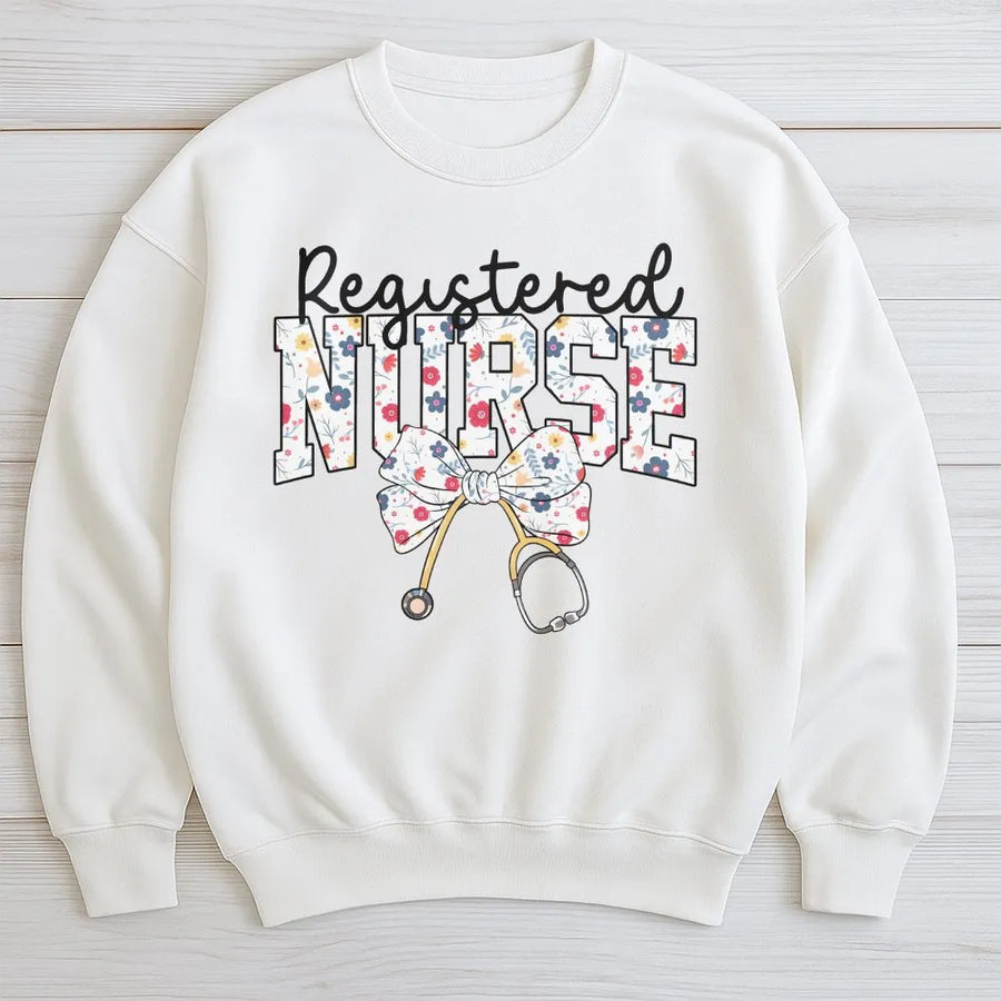 Registered Nurse Sweatshirt | Floral Stethoscope Bow Design | Premium Cotton Blend | Graduation Gift for RN Nurse Student