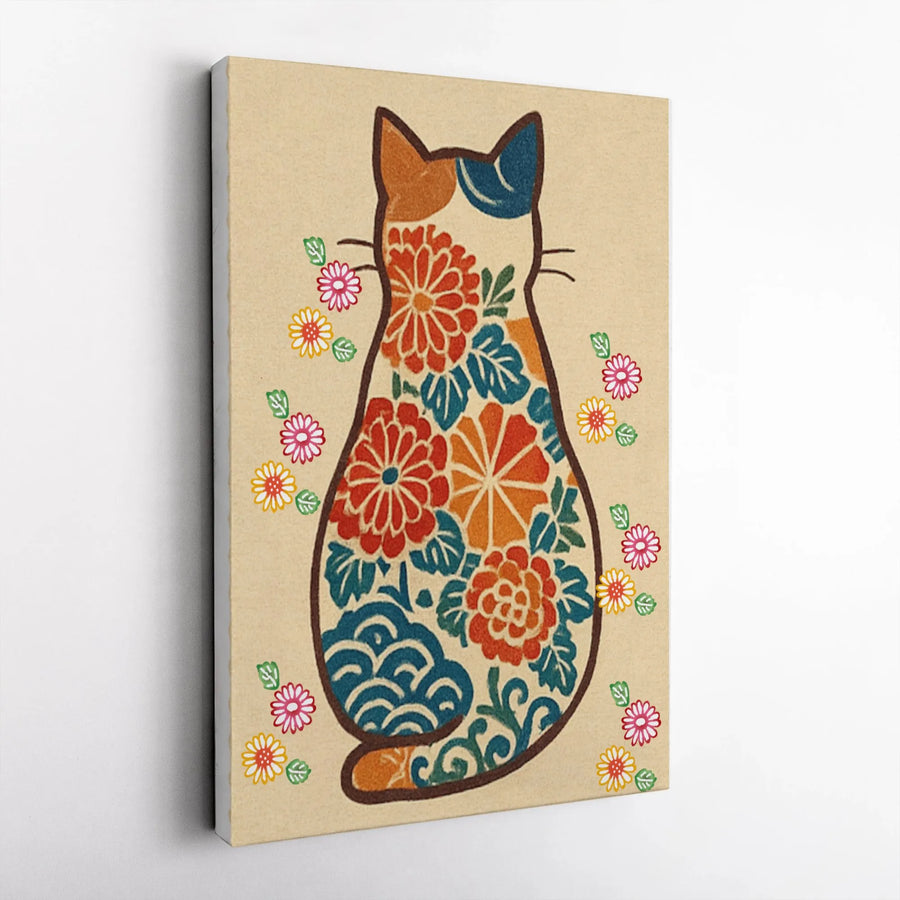 Japanese Calico Cat Wall Art | Floral Chrysanthemum & Wave Design | Premium Fade-Resistant Canvas | Unique Cat Lover Home Decor Gift