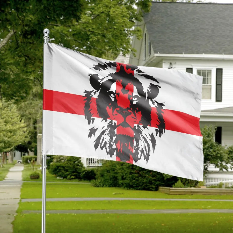 St George Cross Lion Flag | Patriotic English Lion Head Graphic | Double Sided Weather-Resistant Polyester | Outdoor Yard Decor Gift