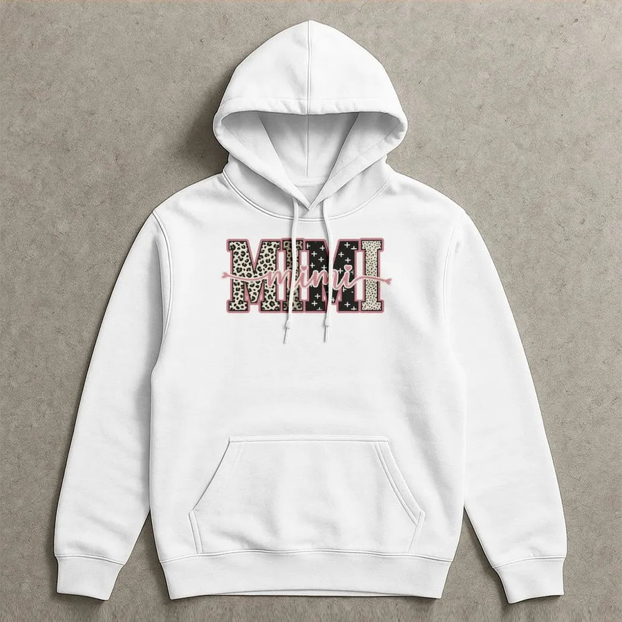 Mimi Leopard Hoodie | Preppy Block Letter Sweatshirt for Grandma | Soft Cotton-Poly Blend | Mothers Day Gift for Mama Gigi Nana