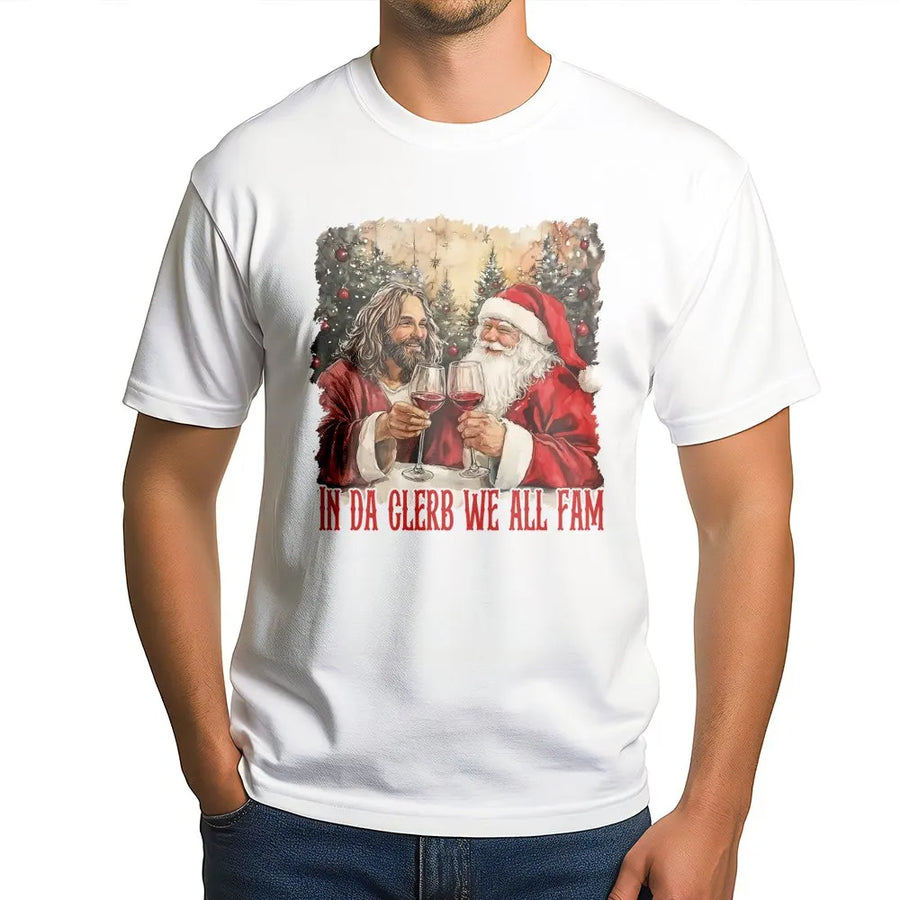 Funny Christmas T-Shirt | Santa and Jesus Drinking Wine Graphic | Premium Cotton Unisex Tee | Gift for Holiday Party or White Elephant Exchange
