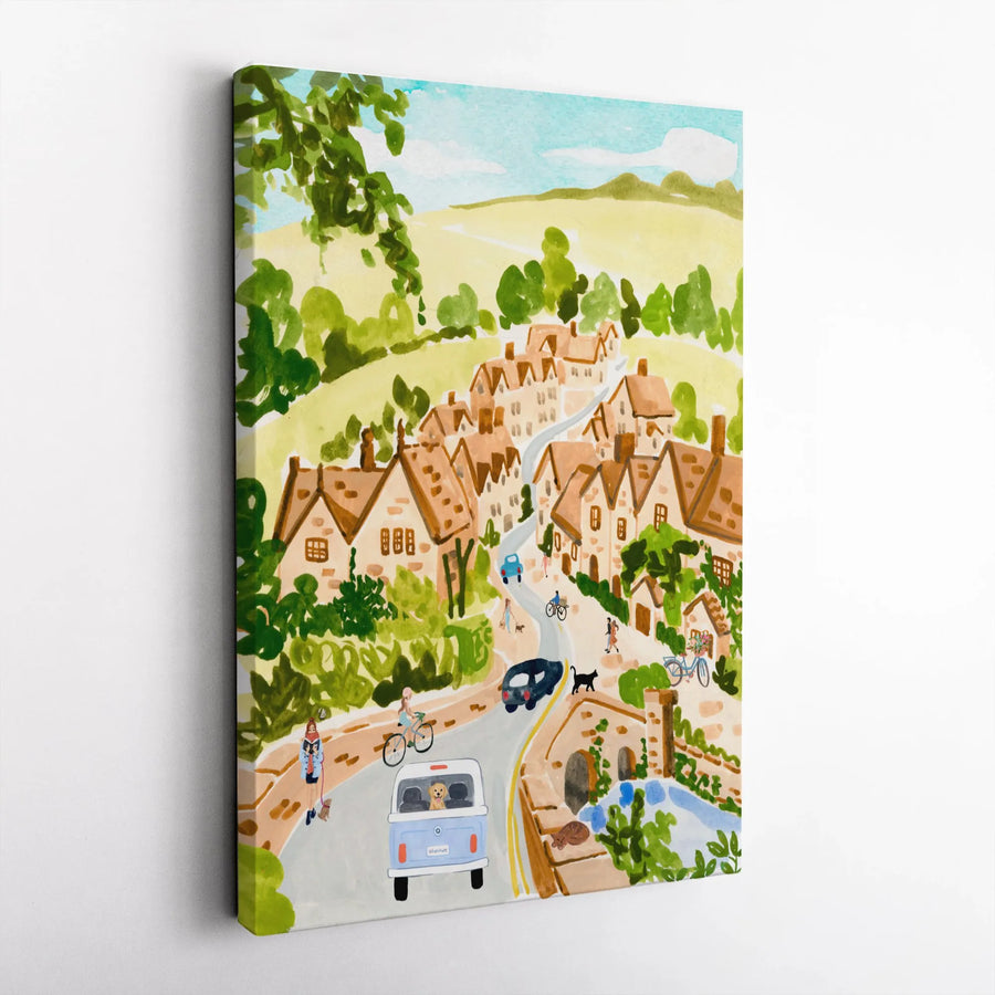 Cotswolds England Vertical Canvas | Watercolor English Village Painting | Premium Gallery Wrap Print | Living Room Wall Decor and Travel Gift