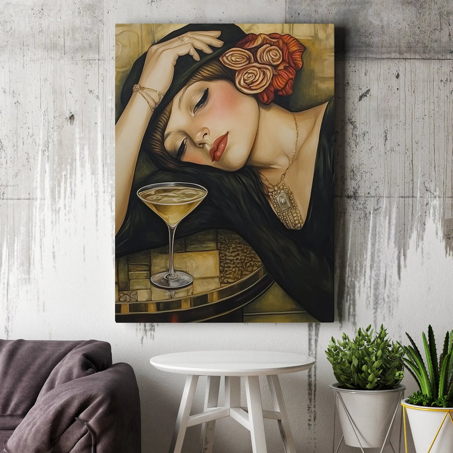 Art Deco Woman Canvas Print | Vintage 1920s Flapper Portrait | Thick Gallery Wrapped Canvas | Premium Speakeasy Bar Decor Gift
