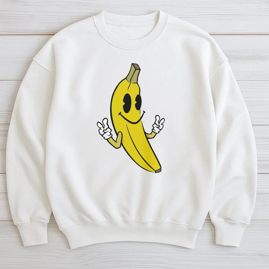 Retro Banana Sweatshirt | Cartoon Fruit Graphic Peace Sign | Premium Cotton Blend | Funny Streetwear Gift for Women & Men