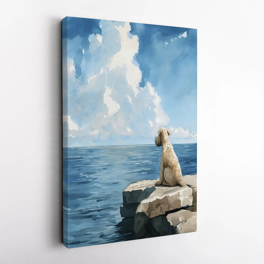 Dog Ocean Canvas Wall Art | Watercolor Coastal Scenery | Premium 1.25 Inch Gallery Wrap | Peaceful Pet Home Decor Gift