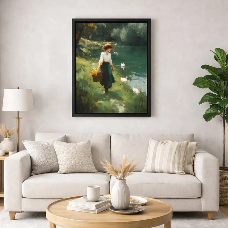 Cottagecore Lake Canvas Wall Art | Impressionist Woman with Flower Basket and Ducks | Premium Gallery-Wrapped Print | Countryside Home Decor Gift