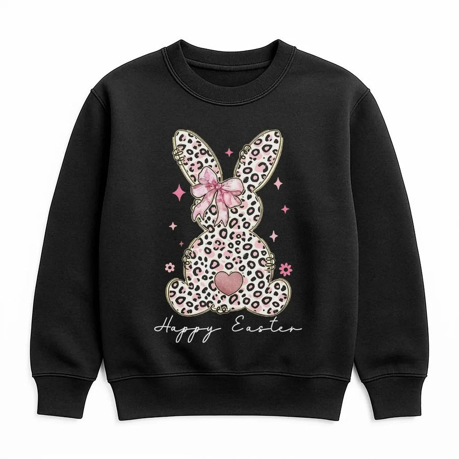 Leopard Bunny Easter Sweatshirt | Cute Pink Bow Rabbit Graphic | Premium Cotton Blend Crewneck | Unisex Spring Holiday Gift for Women Men