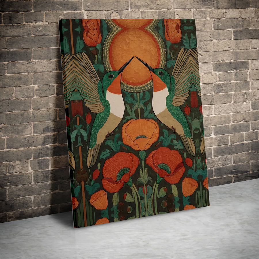 Art Nouveau Hummingbird Canvas Wall Art | Floral Poppy Botanical Print | Gallery-Quality 1.25-Inch Profile | Premium Decor for Nature Lovers