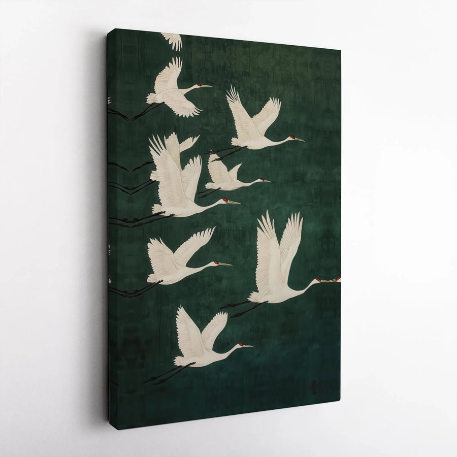 Japanese Red-Crowned Crane Canvas Wall Art | Zen Oriental Flying Birds Decor | Premium Gallery Wrap Print | Elegant Nature Lover Gift