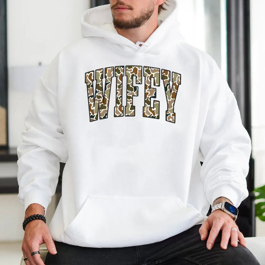 Camo Wifey Hoodie | Hunting Camouflage Graphic Pullover | Premium Cotton Blend | Anniversary Gift for Wife, Country Girl