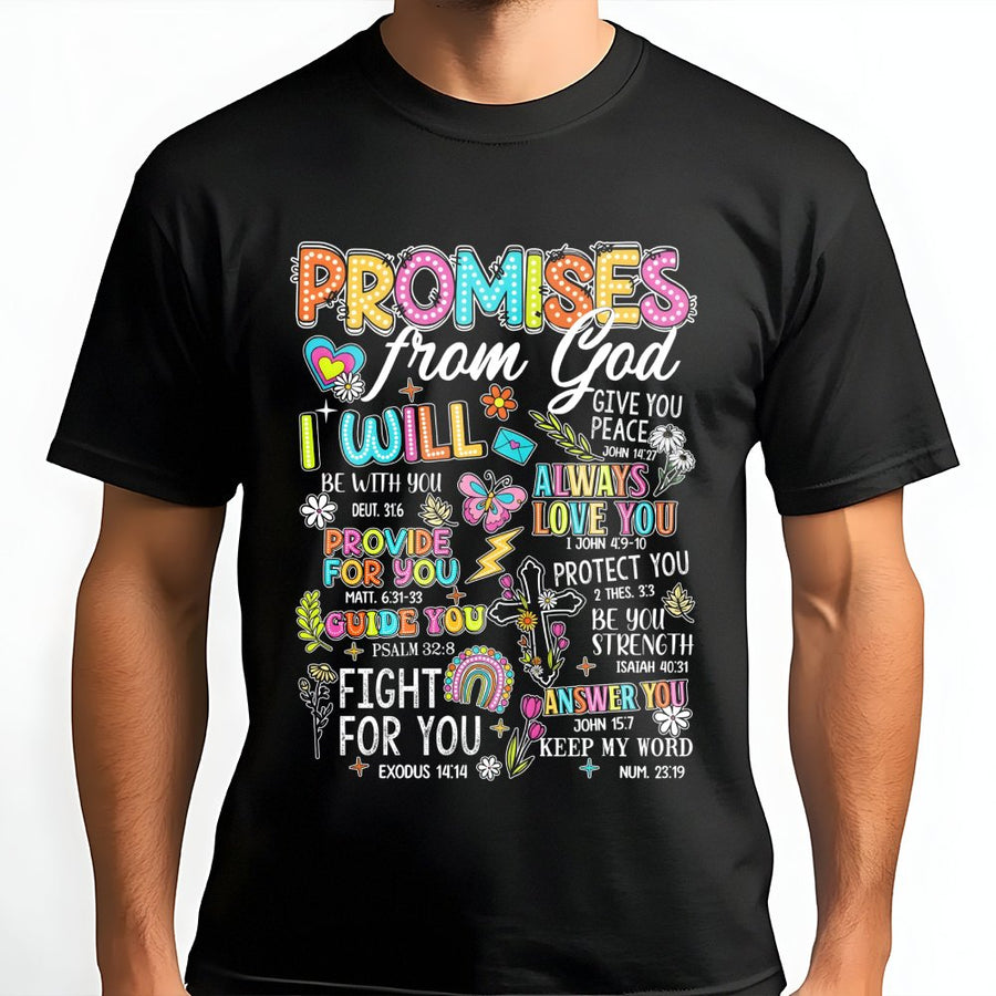 Promises From God Bible Verse T-Shirt | Colorful Scripture Faith Design | Premium 100% Cotton Apparel | Inspirational Christian Gift for Women