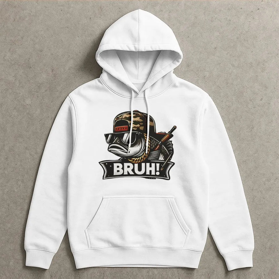 Funny Fishing Hoodie | Bruh Fish With Camo Hat Graphic | Premium Cotton Blend Streetwear | Unique Gift For Anglers & Fishermen