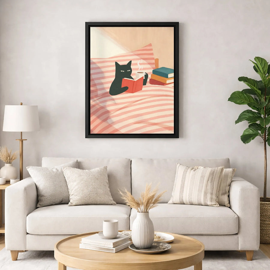 Black Cat Canvas Wall Art | Reading Book And Coffee Design | Premium Fade-Resistant Print | Cozy Home Decor Gift For Cat Lovers