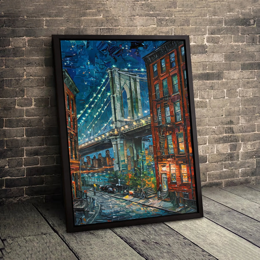 Brooklyn Bridge Canvas Print | Nighttime NYC Street View Impressionist Art | 1.25 Inch Gallery Wrap | Premium Urban Home Office Decor Gift