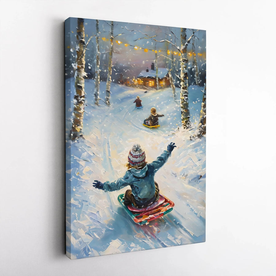 Winter Sledding Canvas Wall Art | Snowy Forest Impressionist Painting | Premium Gallery Wrap Print | Festive Holiday Home Decor