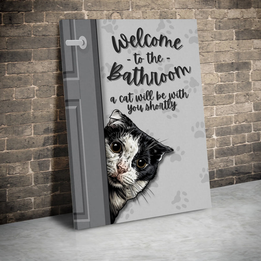 Funny Cat Bathroom Wall Art | Peeking Kitty Welcome Sign | Premium Gallery Wrap Canvas | Unique Cat Lover Gift for Home Decor
