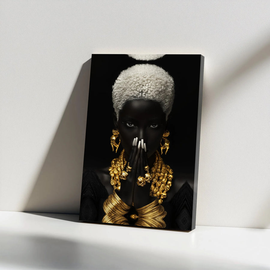 Black Queen Canvas Wall Art | Gold Skull Jewelry Portrait | Premium Gallery Wrapped Canvas | Collector's Afrocentric Home Decor Gift