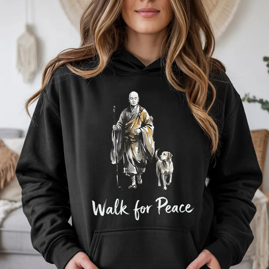 Walk For Peace Hoodie | Zen Monk And Dog Graphic Art | Premium Cotton-Blend Sweatshirt | Mindfulness Gift For Meditation Lovers