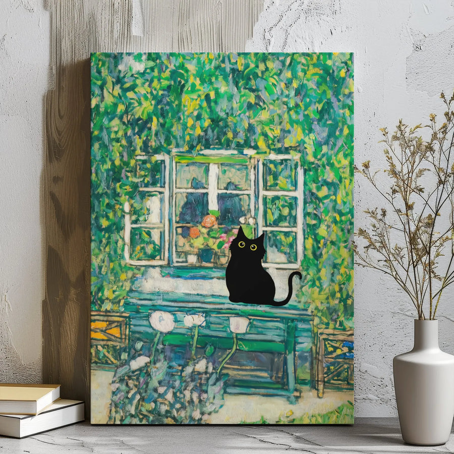 Black Cat Wall Art | Impressionist Windowsill Garden Painting | Premium Gallery Wrapped Canvas | Whimsical Home Decor Gift for Cat Lovers