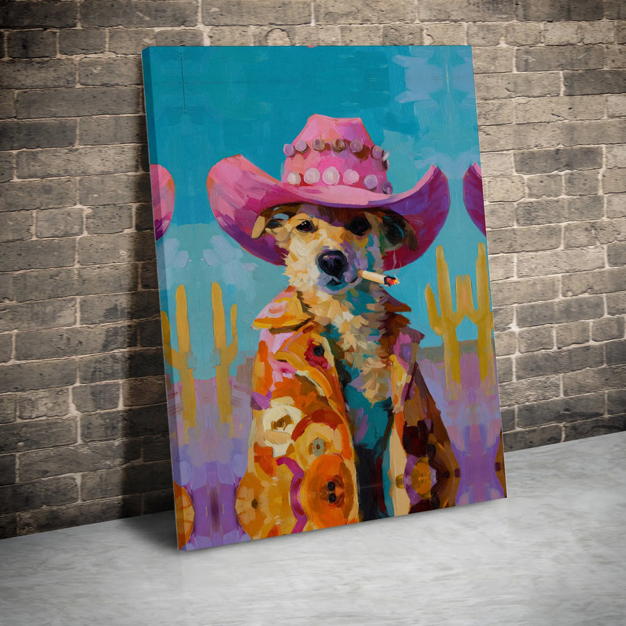 Western Dog Wall Art | Pink Cowboy Hat Desert Oil Painting | Gallery Wrapped Premium Canvas | Fun Cowboy Aesthetic Gift for Dog Lovers