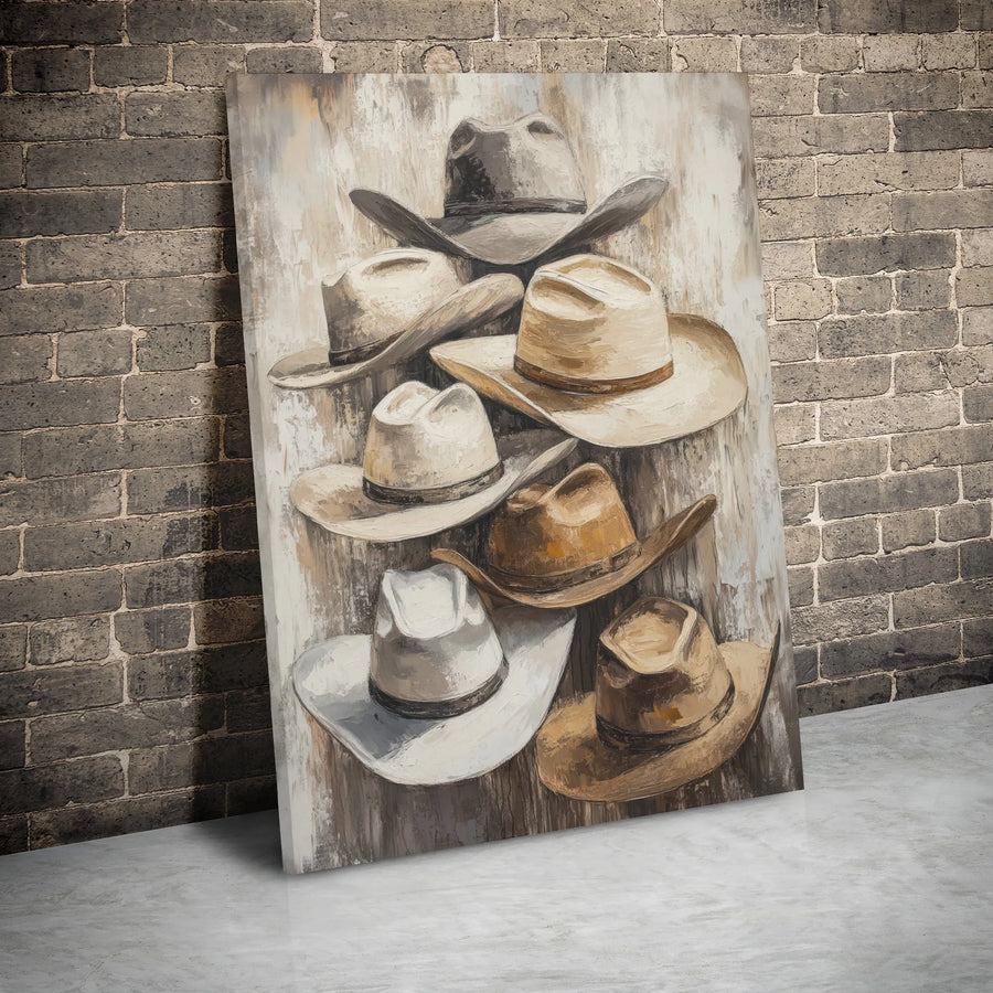 Cowboy Hat Wall Art Canvas | Rustic Western Decor Painting | Premium Gallery Wrapped Print | Gift for Ranch Home Office Decor