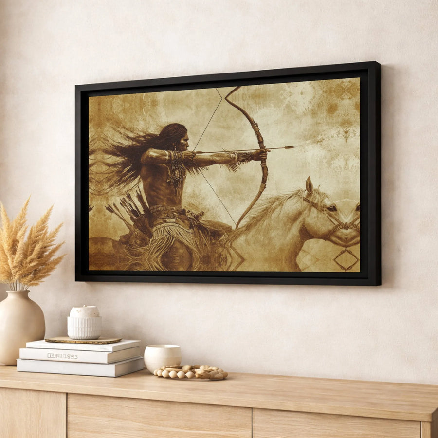 Native American Warrior Canvas Art | Vintage Sepia Horseback Archer Print | 1.25-Inch Gallery Wrap Decor | Historical Western Wall Art Gift