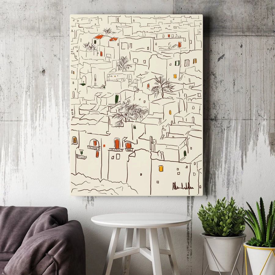 Mediterranean Village Canvas Wall Art | Minimalist Line Drawing Print | Premium Gallery Wrap Decor | Aesthetic Coastal Home Gift