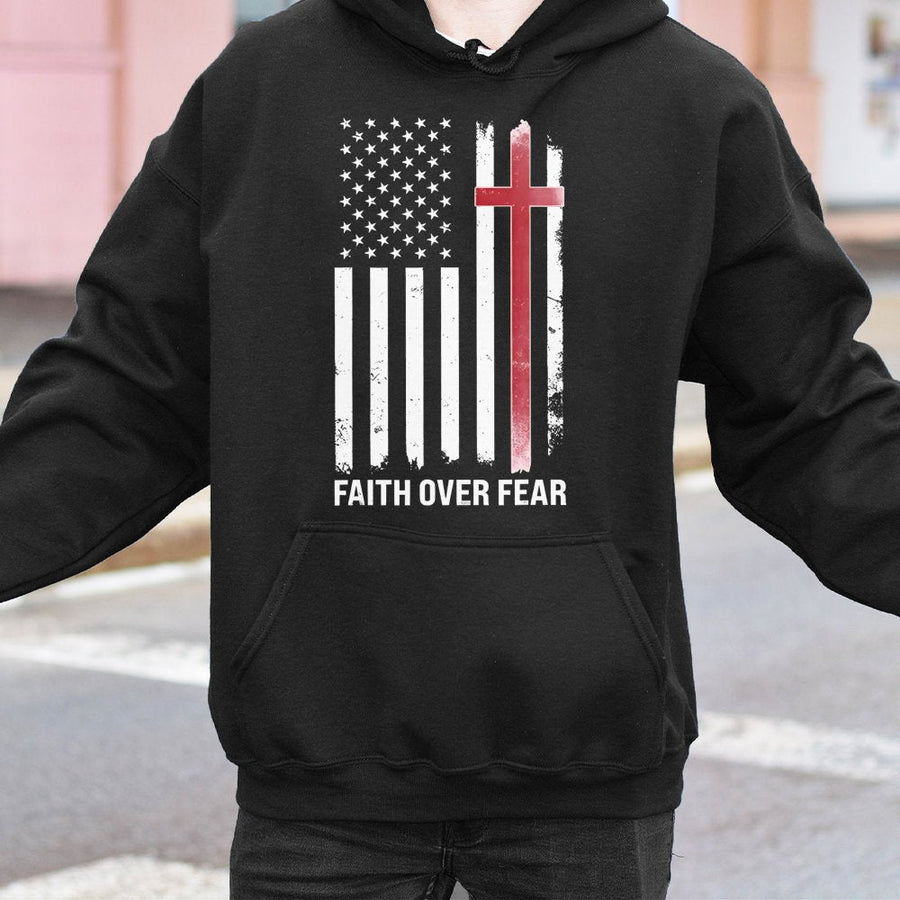 Faith Over Fear Hoodie | Distressed American Flag Cross Graphic | Premium Cotton Blend | Christian Religious Patriot Gift For Men And Women