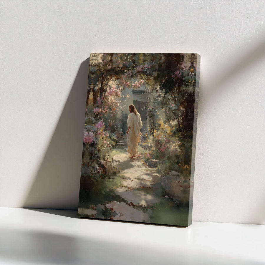 Jesus Christ Canvas Wall Art | Impressionist Floral Garden Scene | Fade-Resistant Gallery Print | Christian Home Decor Gift