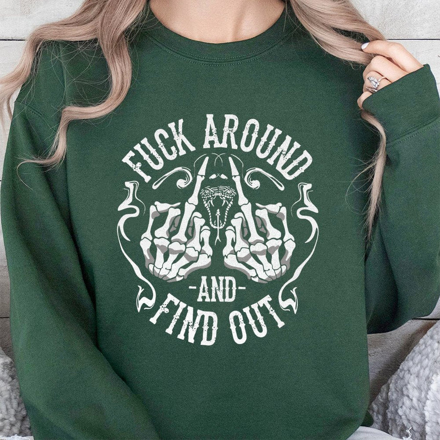 Fuck Around And Find Out Sweatshirt | Skeleton Middle Finger Graphic | Premium Cotton Blend | Edgy Sarcastic Gift for Men and Women