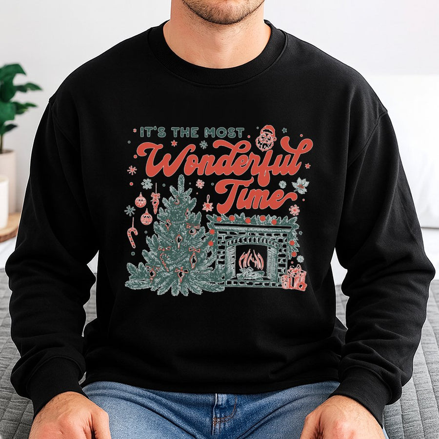 It's The Most Wonderful Time Sweatshirt | Retro Christmas Tree & Fireplace Graphic | Premium Cotton Blend | Holiday Gift For Her & Him