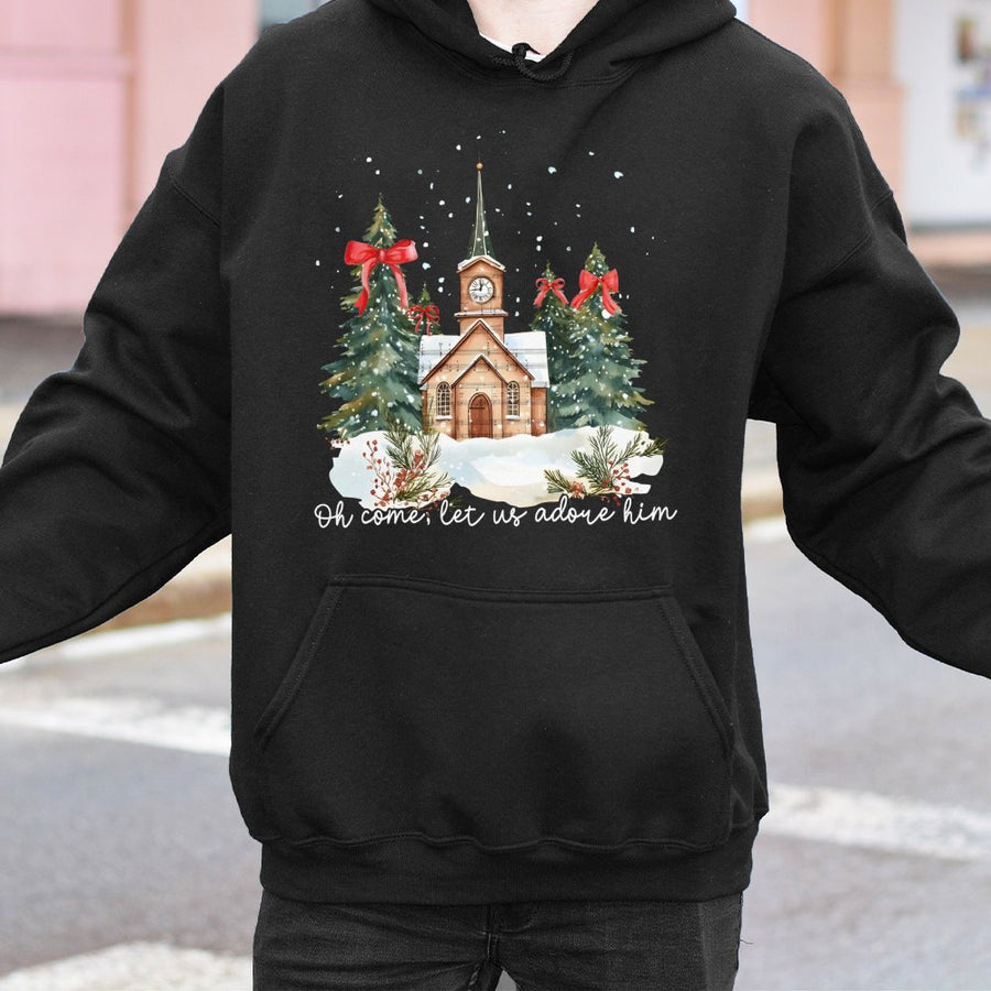 Oh Come Let Us Adore Him Hoodie | Watercolor Church Christmas Design | Cotton-Blend Premium Apparel | Religious Holiday Gift for Her