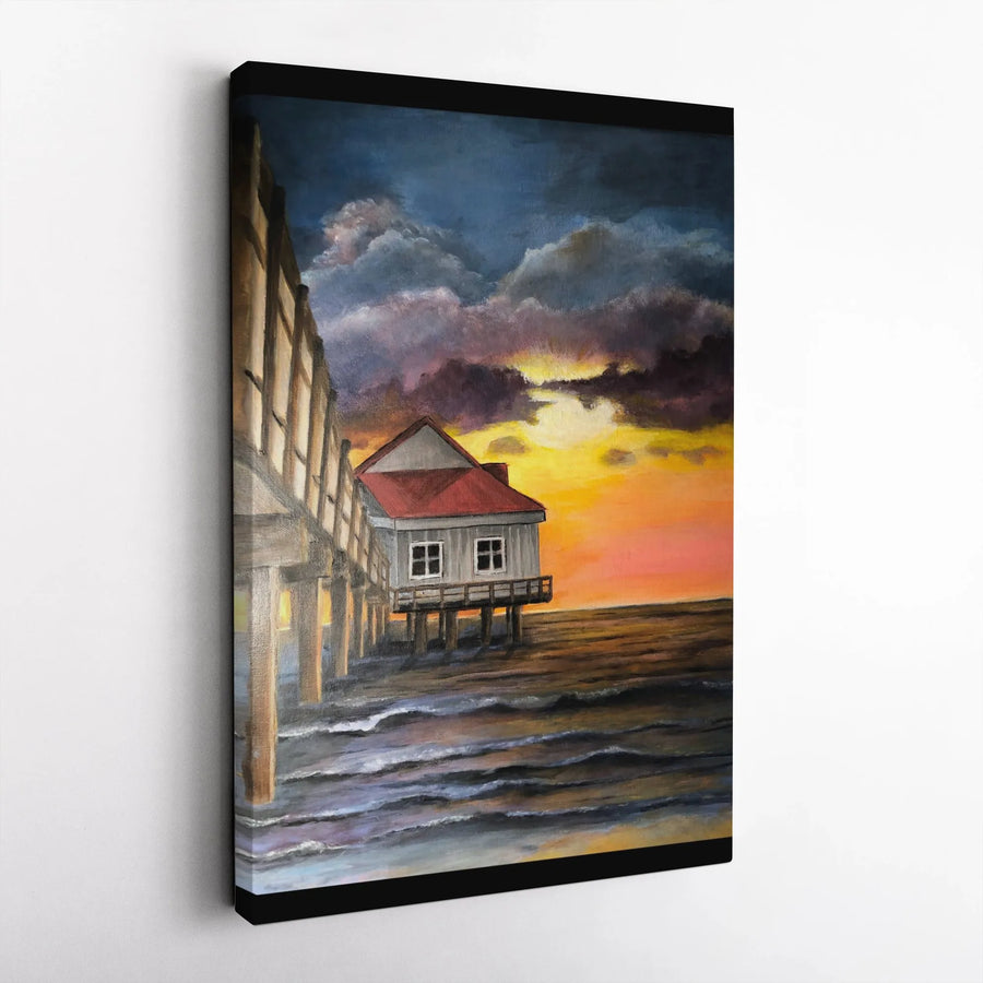 Ocean Pier Canvas Print | Dramatic Sunset Seascape Painting | Premium Gallery Wrapped Canvas | Coastal Living Room Decor
