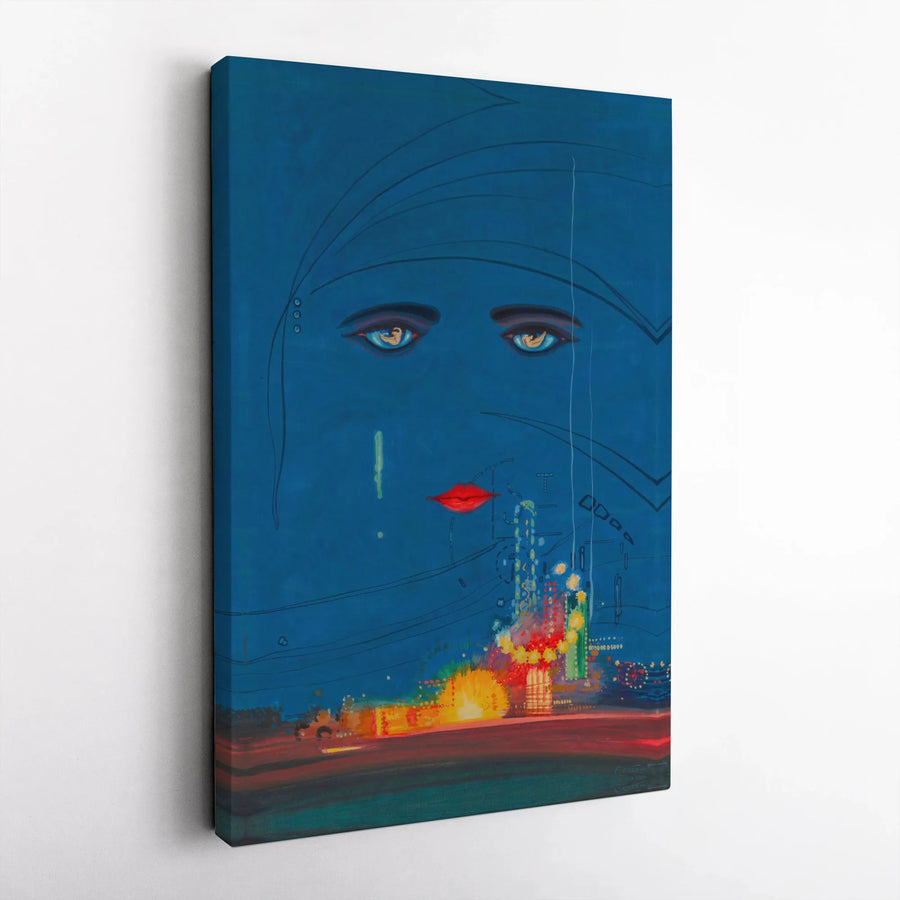 Abstract Woman Face Canvas | Melancholy City Lights Night Art | Gallery-Quality Premium Print | Modern Bedroom Office Wall Decor