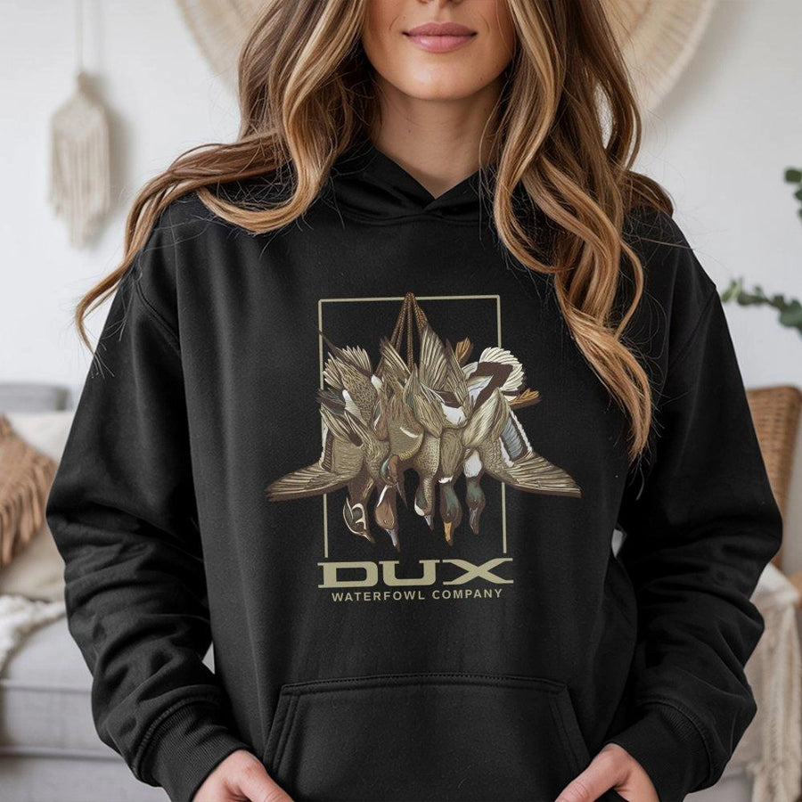 Dux Waterfowl Company Hoodie | Realistic Hanging Duck Hunting Graphic | Premium Cotton Blend | Gift For Duck Hunters & Outdoorsmen