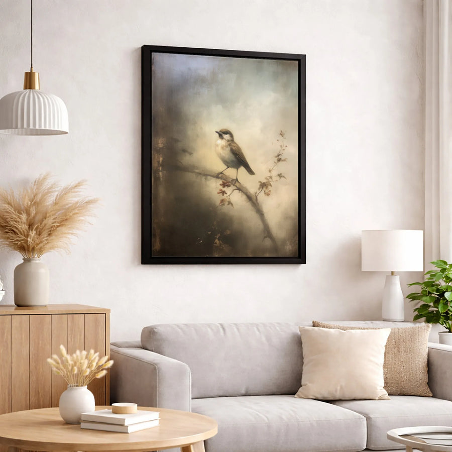 Vintage Bird Wall Art Canvas | Moody Botanical Nature Print | Premium Fade-Resistant Gallery Wrap | Elegant Living Room Home Decor Gift