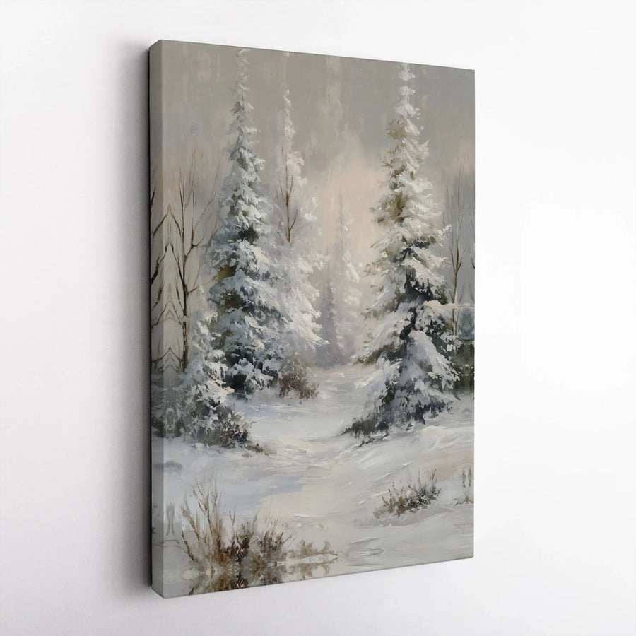 Winter Forest Canvas Print | Snowy Pine Tree Landscape Oil Painting Style | Gallery Wrapped Premium Wall Art | Seasonal Home Decor Gift