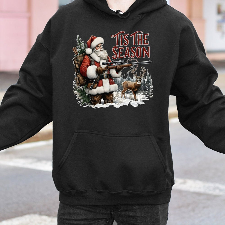 Tis The Season Santa Hunting Hoodie | Funny Deer Hunter Christmas Graphic | Premium Cotton Blend Apparel | Unique Gift For Hunters Men Women