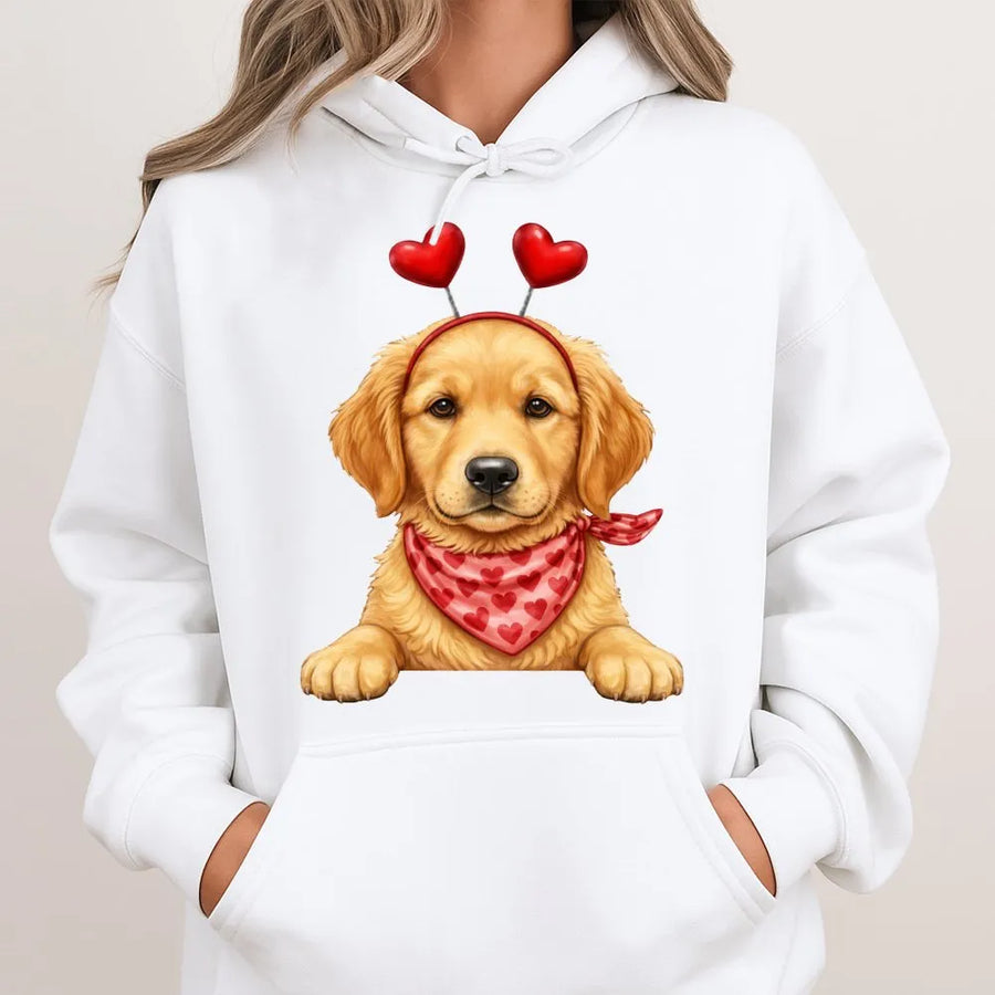 Golden Retriever Valentine Hoodie | Cute Puppy Heart Headband Graphic | Premium Cotton Blend | Romantic Dog Mom Gift For Her