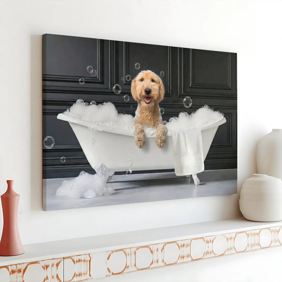 Goldendoodle Canvas Wall Art | Funny Dog in Bathtub Print | Premium Gallery Canvas | Unique Bathroom Decor Gift for Dog Lover