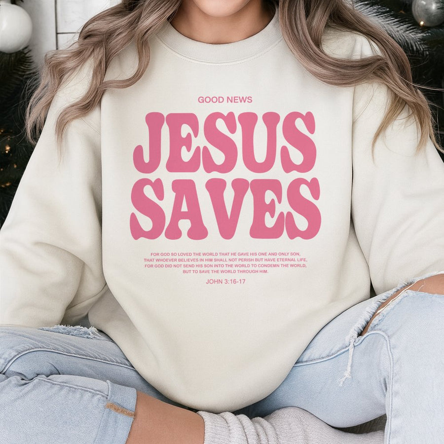 Jesus Saves Sweatshirt | Retro Faith Graphic Christian Pullover | Cotton Blend Premium Apparel | Spiritual Gift for Women and Men